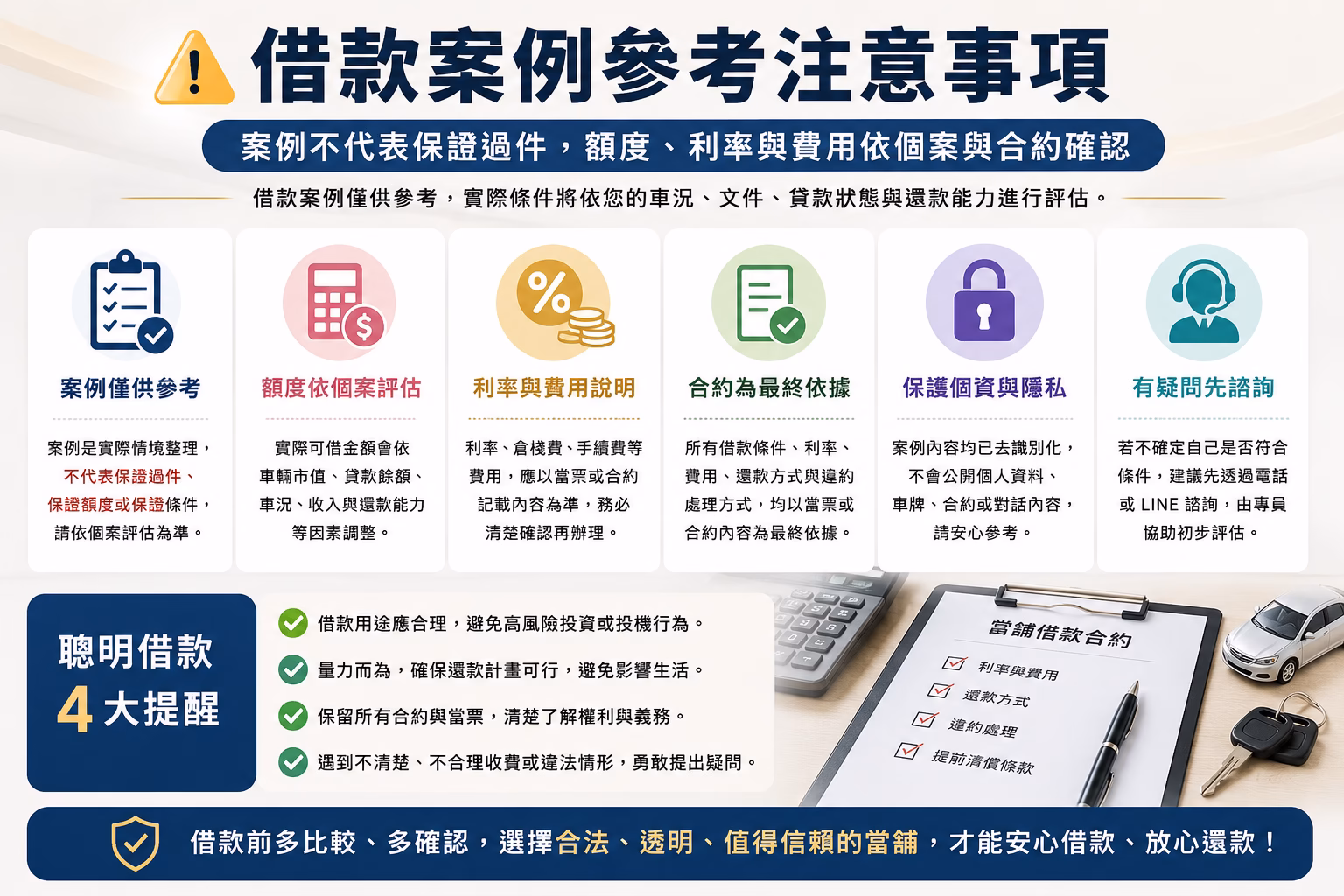 借款案例參考注意事項，提醒案例不代表保證過件，額度、利率與費用依個案與合約確認