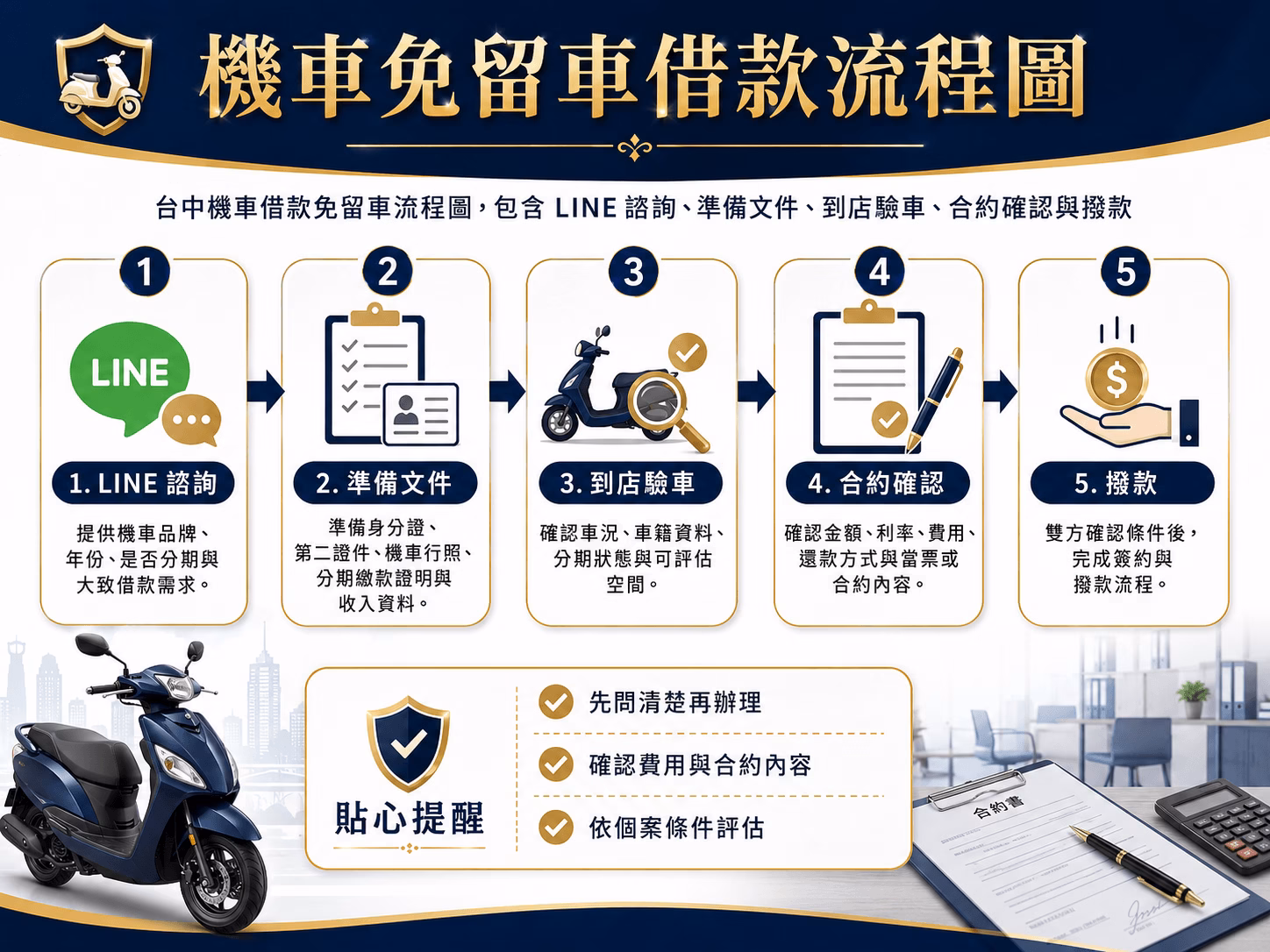 台中機車借款免留車流程圖，包含 LINE 諮詢、準備文件、到店驗車、合約確認與撥款