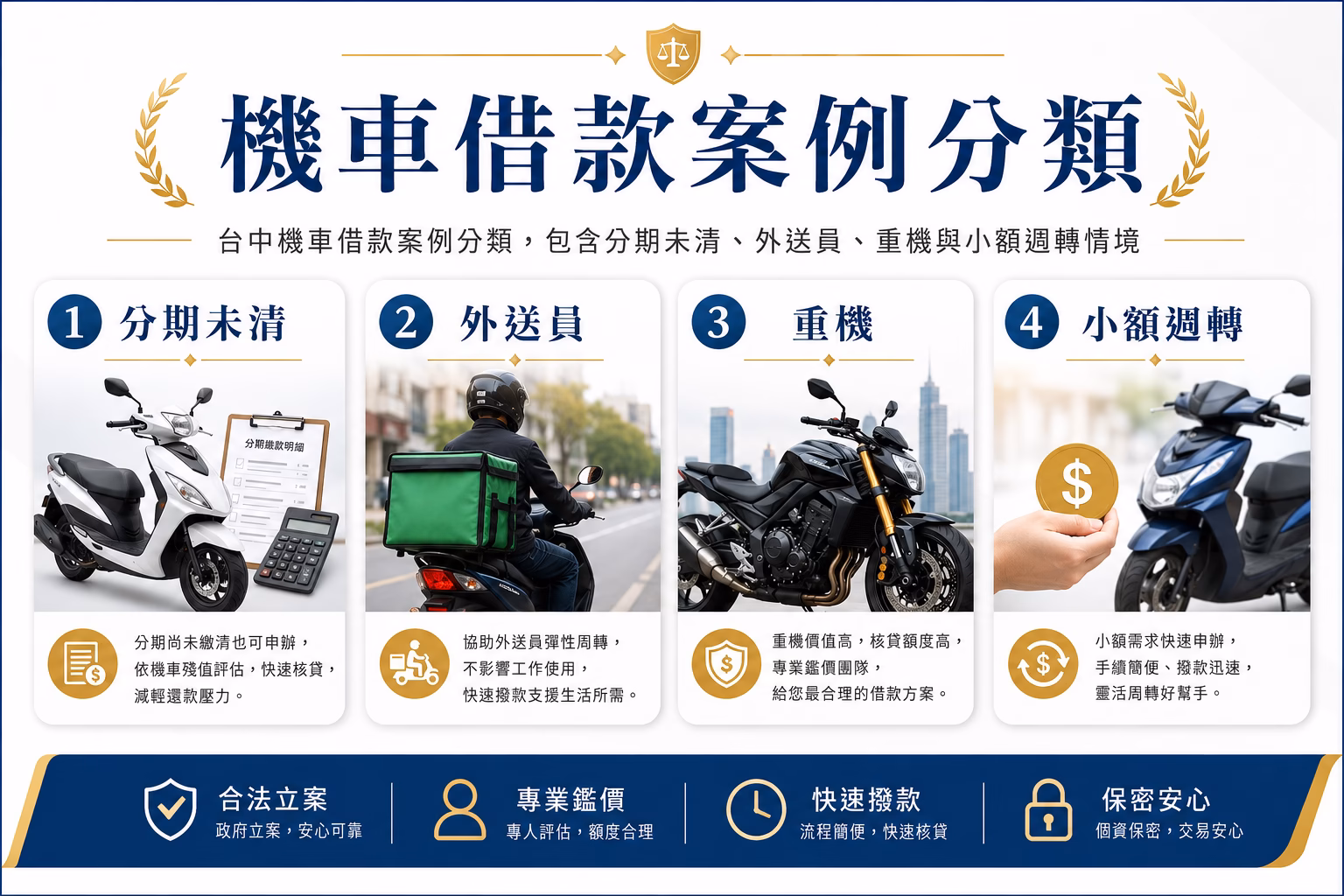 台中機車借款案例分類，包含分期未清、外送員、重機與小額週轉情境
