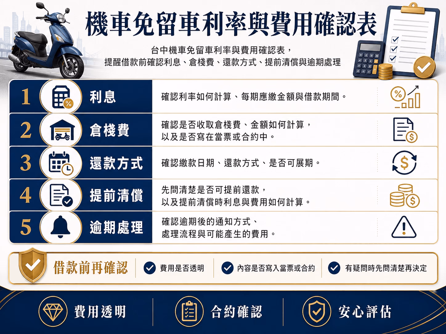 台中機車免留車利率與費用確認表，提醒借款前確認利息、倉棧費、還款方式、提前清償與逾期處理