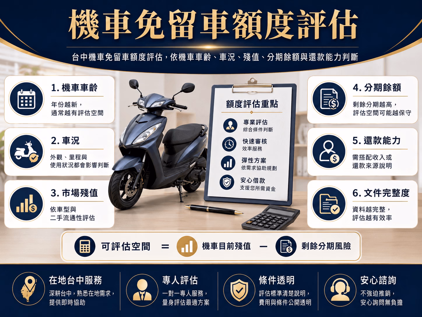 台中機車免留車額度評估，依機車車齡、車況、殘值、分期餘額與還款能力判斷