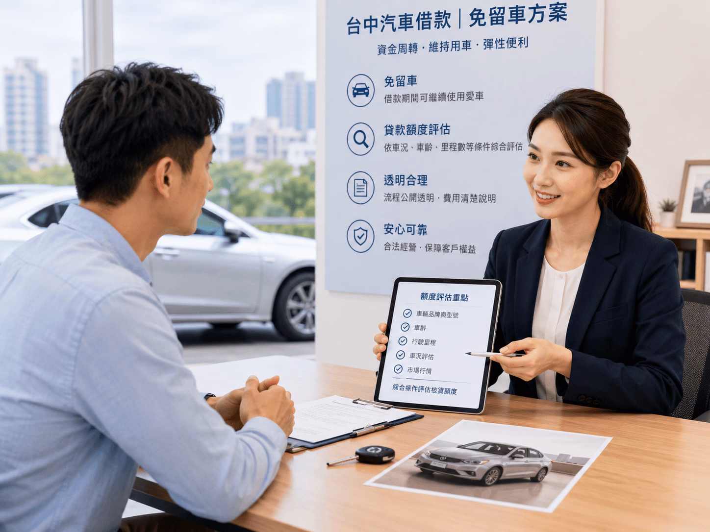 台中汽車借款免留車諮詢，專員協助車主說明汽車是否可繼續使用、免留車條件與額度評估方式