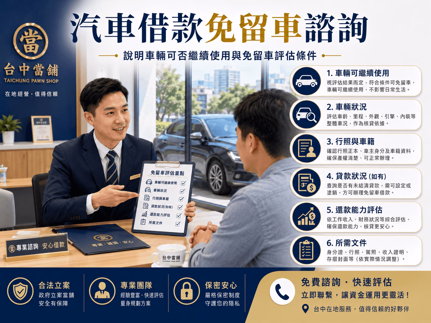 台中汽車借款免留車諮詢，說明車輛可否繼續使用與免留車評估條件