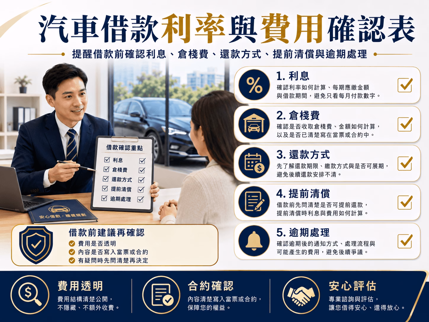台中汽車借款利率與費用確認表，提醒借款前確認利息、倉棧費、還款方式、提前清償與逾期處理